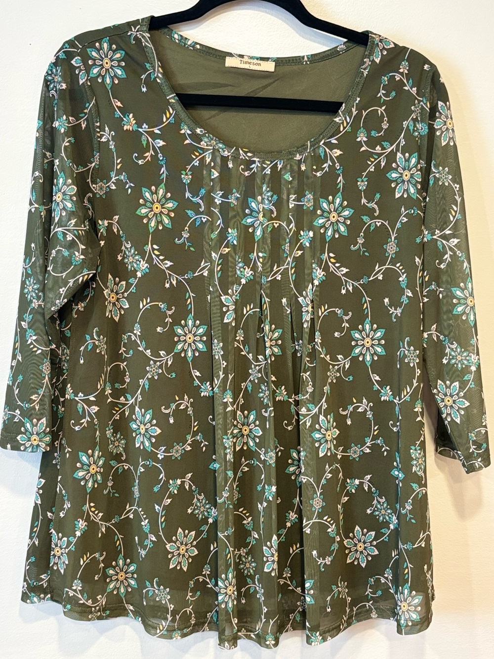 Timeson Green Floral Mesh Pleated 3/4 Sleeve Tunic Top Women's Large